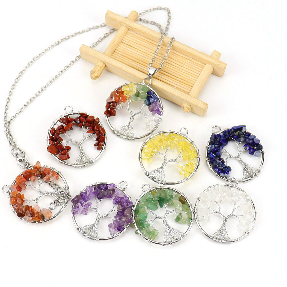 Wholesale Silver Hand-wound Colorful Crystal Gravel Tree of Life Necklace